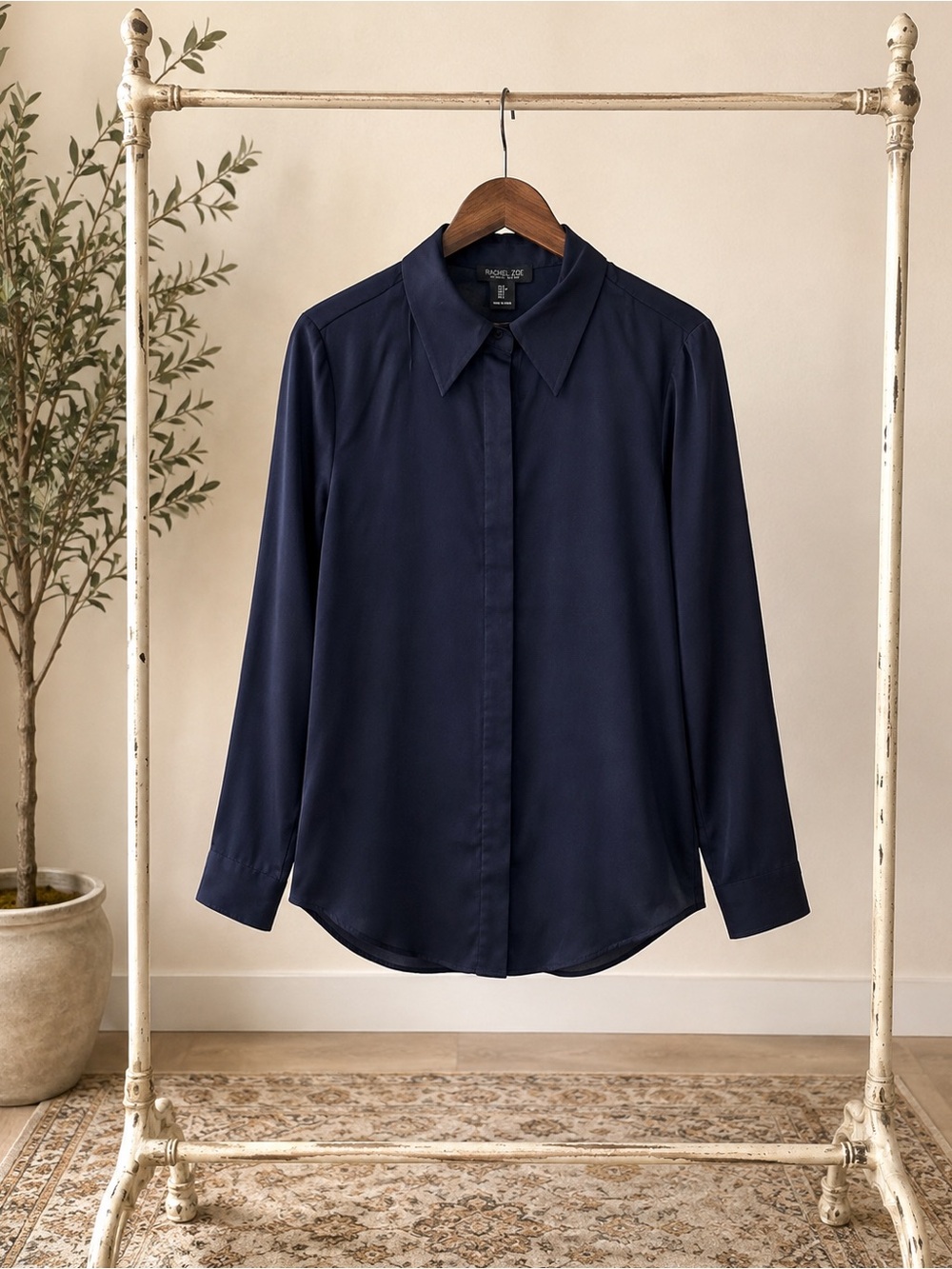 Rachel Zoe Navy Silk Button-Down Shirt